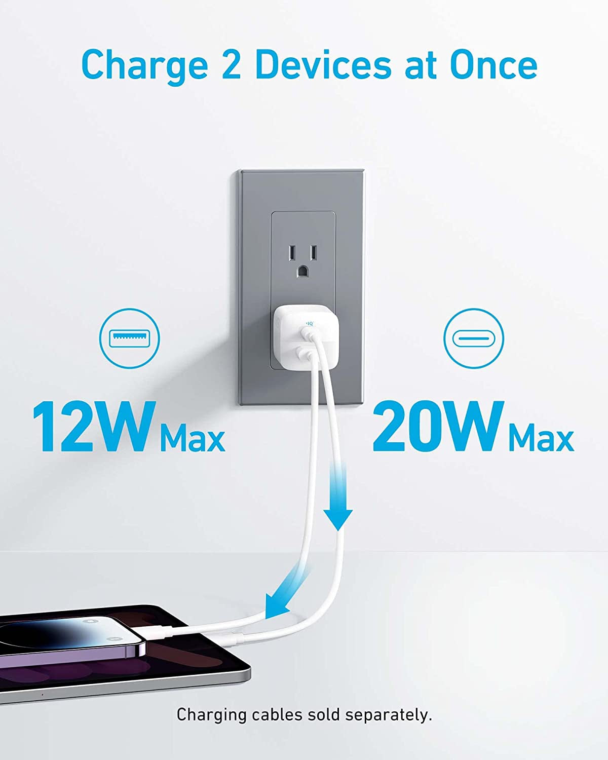 USB C Charger 33W, Anker 323 Charger, 2 Port Compact Charger with Foldable Plug for Iphone 14/14 Plus/14 Pro/14 Pro Max/13/12, Pixel, Galaxy, Ipad/Ipad Mini and More (Cable Not Included) - White  Anker   