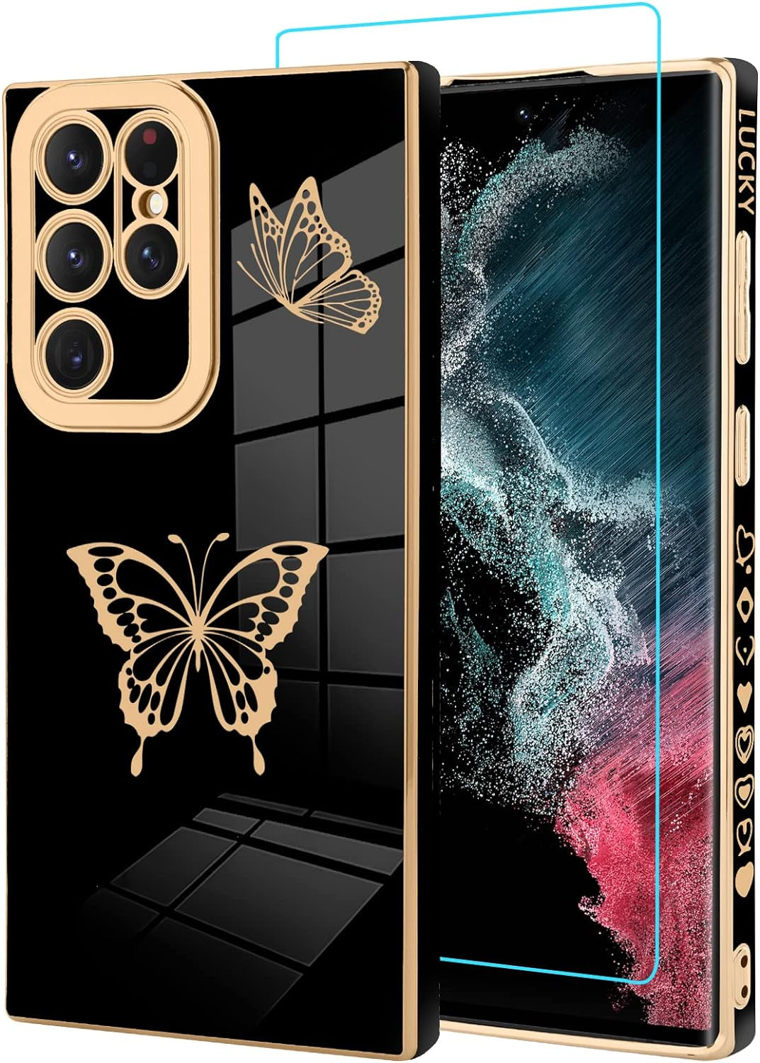 Jefonha for Samsung Galaxy Note 20 Ultra 6.9 Inch Plating Cute Butterflies Cover with Screen Protector Cute Side Pattern Soft TPU Shockproof Full Camera Lens Protection Electroplated Case - Black  Jefonha Samsung Galaxy S22 Ultra Samsung Galaxy S22 Ultra 6.8 Inch 