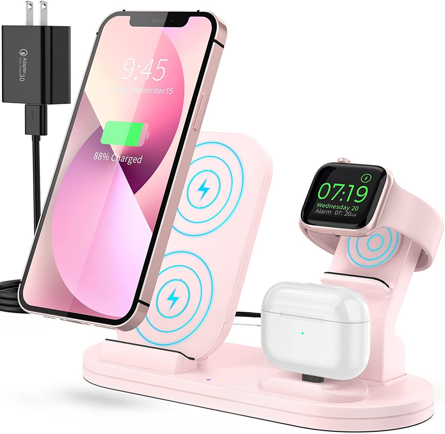 Wireless Charging Station for Apple Products, 3 in 1 Wireless Charger Stand for Iphone 8 above Series, Iwatch 8/Ultra/7/6/Se/5/4/3/2/1, Airpods Pro/3/2/1(With 18W Adapter)(Black)  Shenzhen Shi ChangfengXinwei Keji Youxian Gongsi Pink  