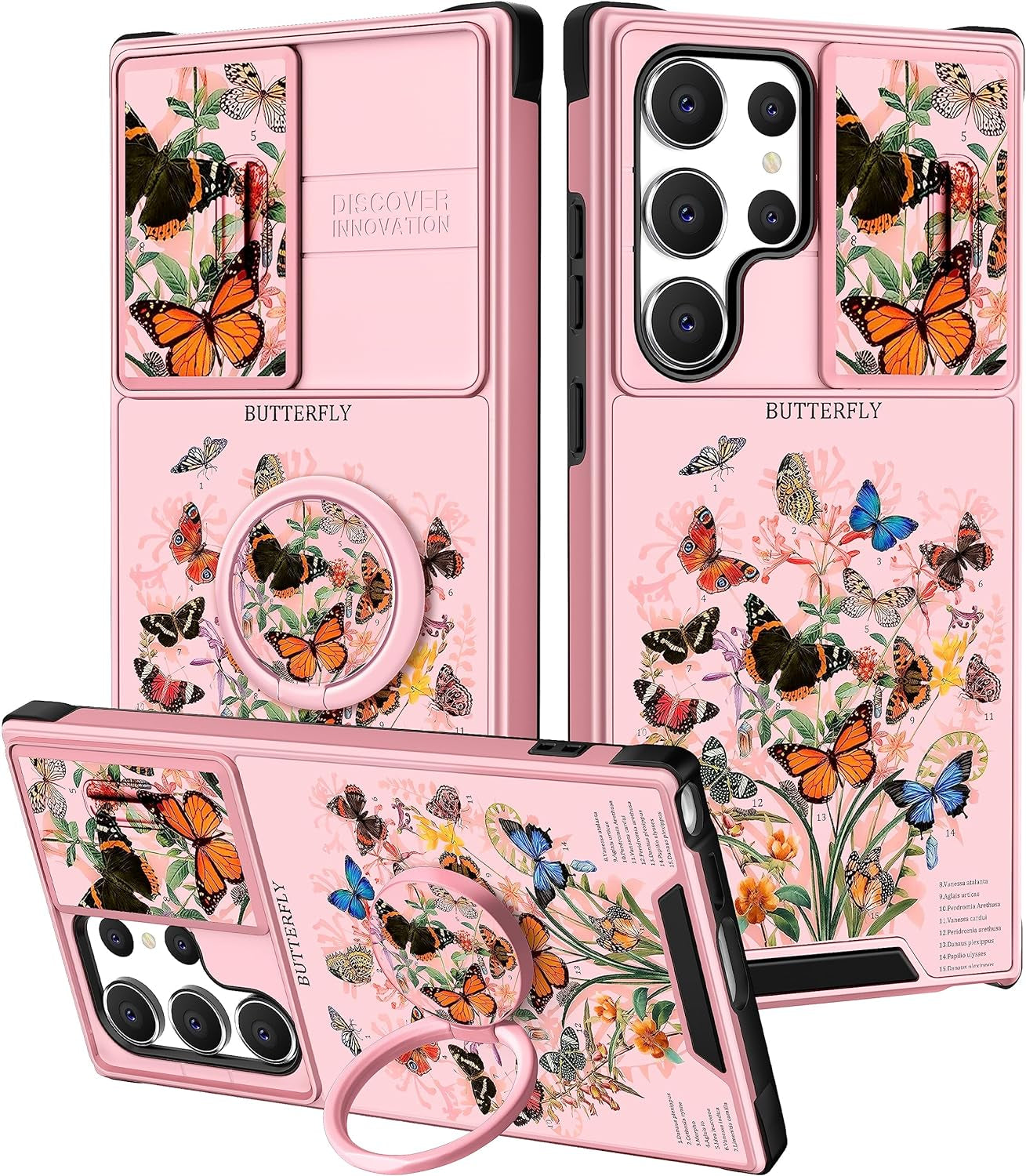 Funermei (2In1 for Samsung Galaxy S22 Ultra Case for Women Cute Cats Girls Animals Phone Cover Kawaii Girly Blue Pretty Design with Camera Cover+ Ring Stand Funda for Galaxy S22 Ultra Case 5G  Funermei 1-For S22 Ultra-Pink Butterfly  