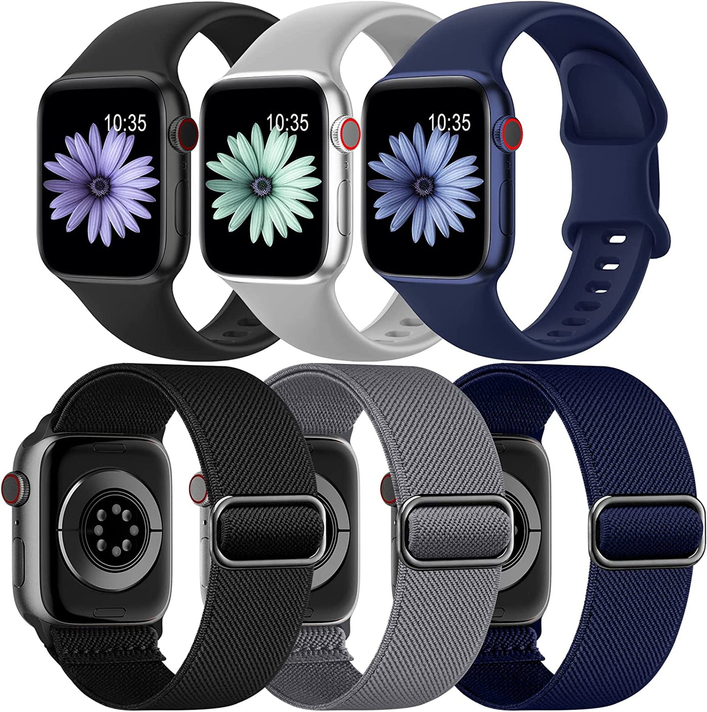 6 Pack Bands Compatible with Apple Watch Band 38Mm 40Mm 41Mm 42Mm 44Mm 45Mm 49Mm-3Pack Soft Silicone Strap, 3Pack Elastic Sport Wristbands for Iwatch Series Ultra 8 7 6 5 4 3 2 1 SE Women Men  iFuntec   