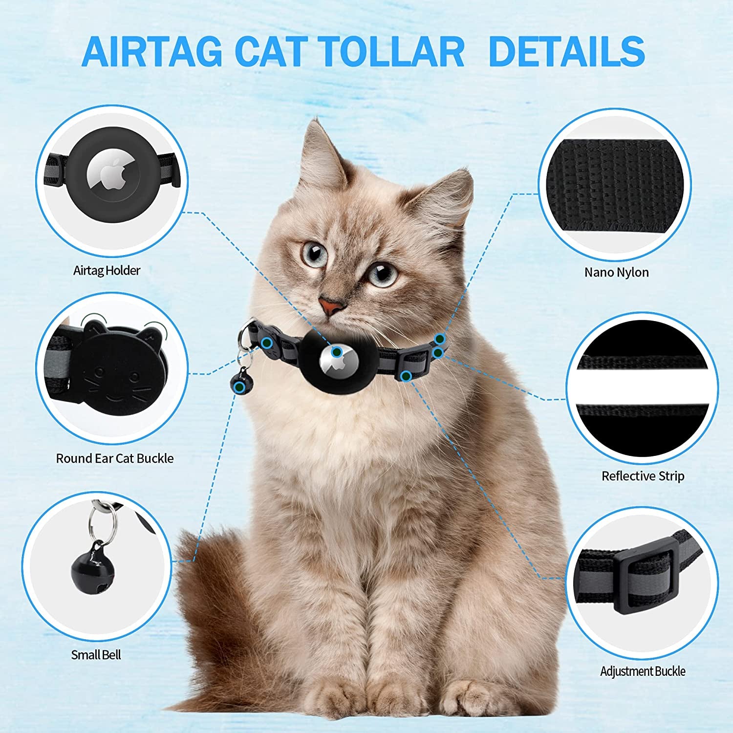 Vyaji 4PCS Airtag Cat Collar - Cat Airtag Collar with Silicone Airtag Holder and Bell - Adjustable Double Layer Nylon Breakaway Cat Collars - 0.2In Reflective Strip  VYAJI   