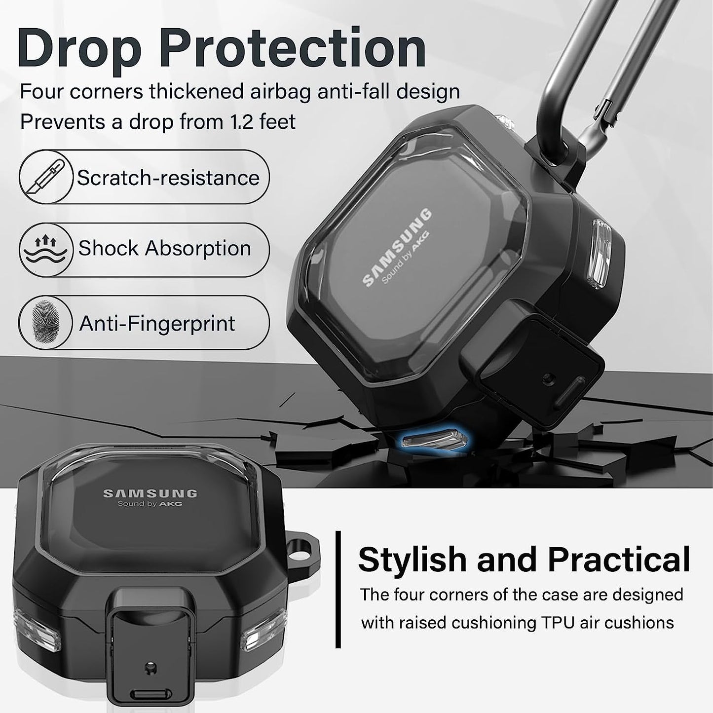 (With Secure Lock) Clear Case Cover for Galaxy Buds 2 Pro Case(2022) /Galaxy Buds Pro Case(2021) /Galaxy Buds 2 Case (2021) /Galaxy Buds Live Case(2020) with Keychain/Zipper Box/Brush -Clear Black  Galafoki   