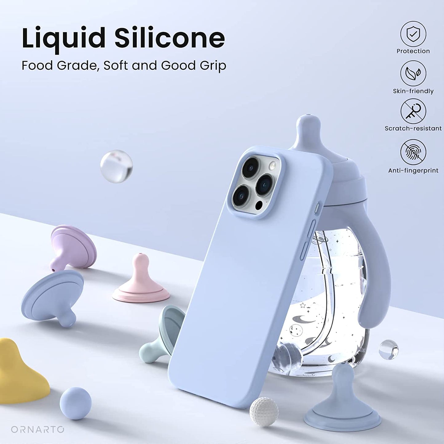 ORNARTO Compatible with Iphone 14 Pro Case 6.1, Slim Liquid Silicone 3 Layers Full Covered Soft Gel Rubber Phone Case Protective Cover with Microfiber Lining 6.1 Inch-Baby Blue  ORNARTO   