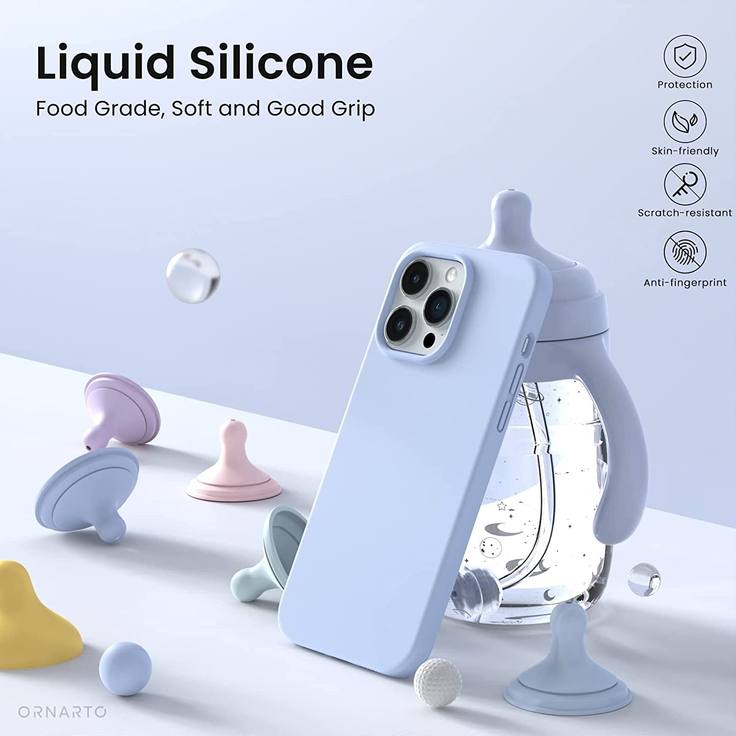 ORNARTO Compatible with Iphone 14 Pro Case 6.1, Slim Liquid Silicone 3 Layers Full Covered Soft Gel Rubber Phone Case Protective Cover with Microfiber Lining 6.1 Inch-Baby Blue  ORNARTO   