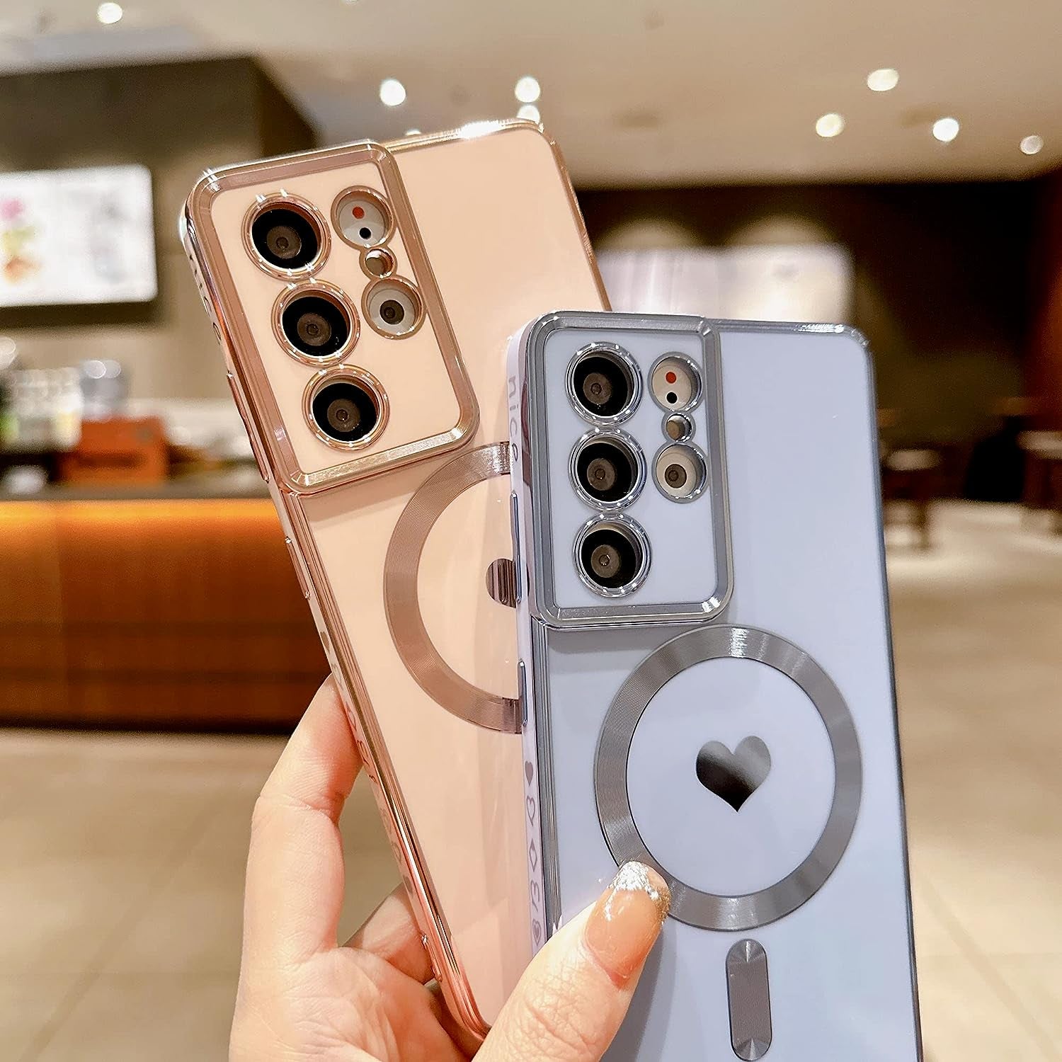 VANIPUFF Magnetic Phone Case for Samsung Galaxy S21 Ultra 5G [Compatible with Magsafe] Luxury Plating Cute Love Heart Soft Silicone Protective Shockproof Cover for Galaxy S21 Ultra 6.8” (Blue)  VANIPUFF\1   