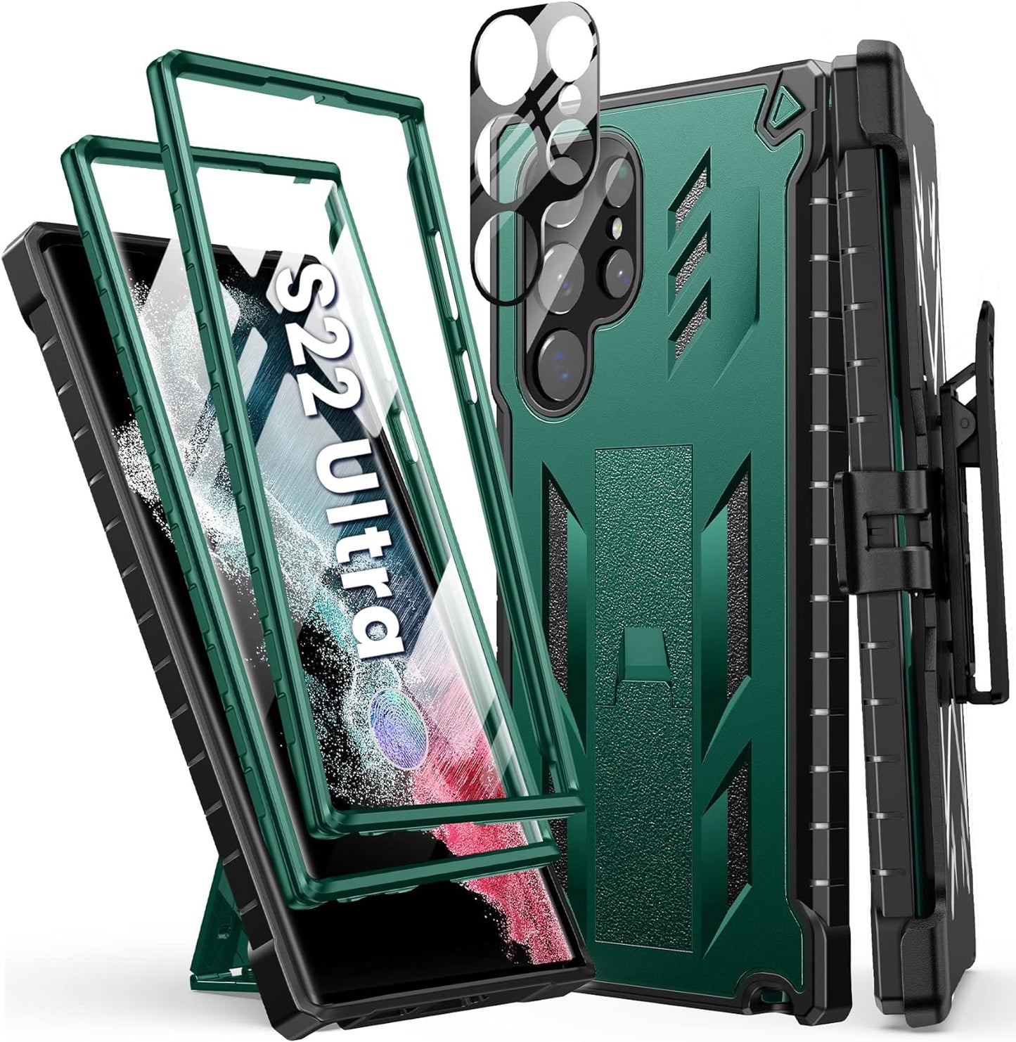 FNTCASE for Samsung Galaxy S22 Ultra Case: Built-In Screen Protector & Kickstand & Belt-Clip Holster, Extra Front Frame Full-Body Dual Layer Rugged Heavy Duty Shockproof Protective Phone Cover-Orange  FNTCASE Jade Green  