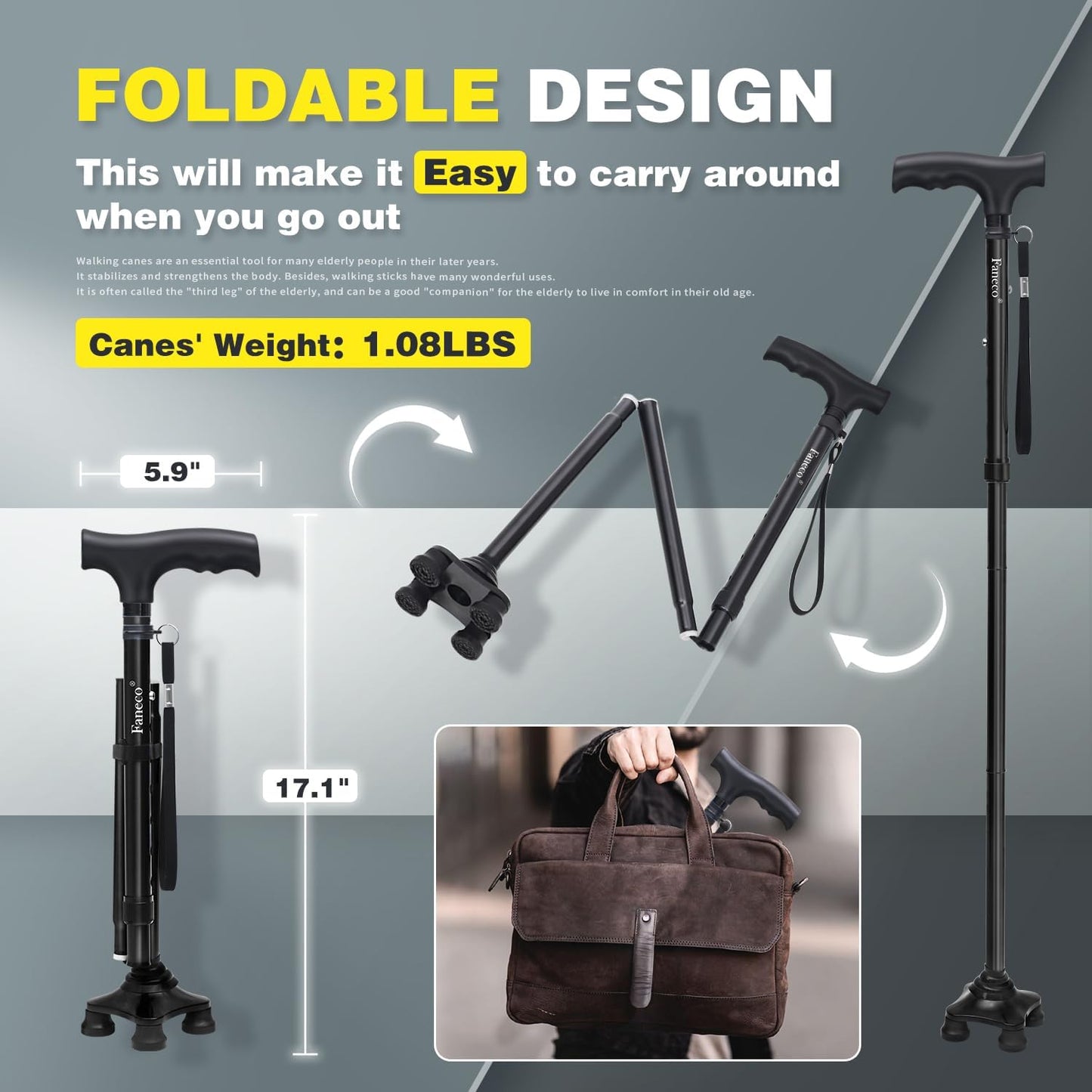 FANECO Walking Cane, Folding Walking Stick for Seniors, Pivoting Quad Base, Lightweight Adjustable Walking Stick for Men/Women  NINGBOSHI GUOSHENG XINXI KEJI YOUXIANGONGSI   