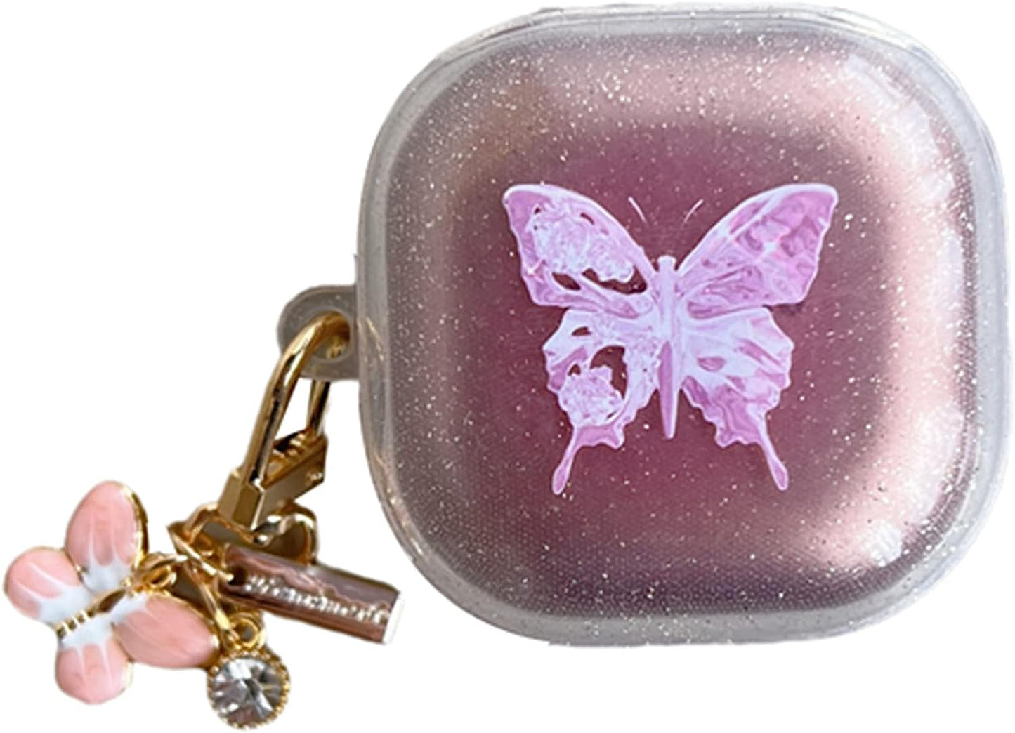 AOLABOKY Earphone Case for Samsung Galaxy Buds Live/Buds Pro/Buds 2/Buds2 Pro Charging Box,Beautiful Butterfly Shiny Transparent Headset Protective Case with Keychain (Purple)  AOLABOKY Pink  