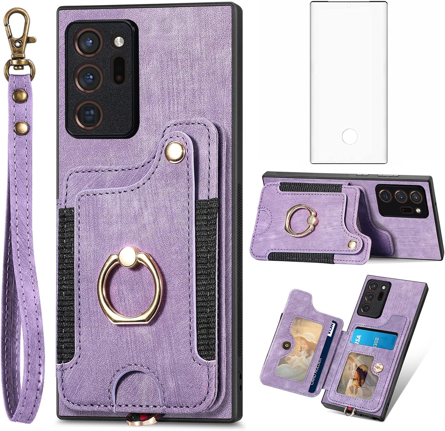 Phone Case for Samsung Galaxy Note 20 Ultra 5G Wallet Cover with Screen Protector and Wrist Strap RFID Card Holder Ring Stand Note20 plus Notes 20Ultra Note20+ U + 20+ Twenty Not S20 Women Men Brown  Asuwish Purple  