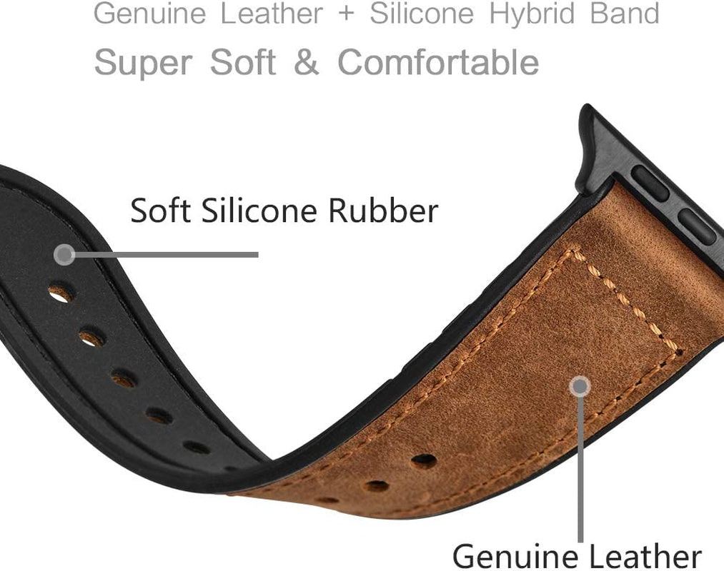 OUHENG Compatible with Apple Watch Band 49Mm 45Mm 44Mm 42Mm, Sweatproof Genuine Leather and Rubber Hybrid Band Strap for Iwatch Ultra Series 8 7 6 5 4 3 2 1 SE2 SE, Brown Band with Black Adapter  OUHENG   
