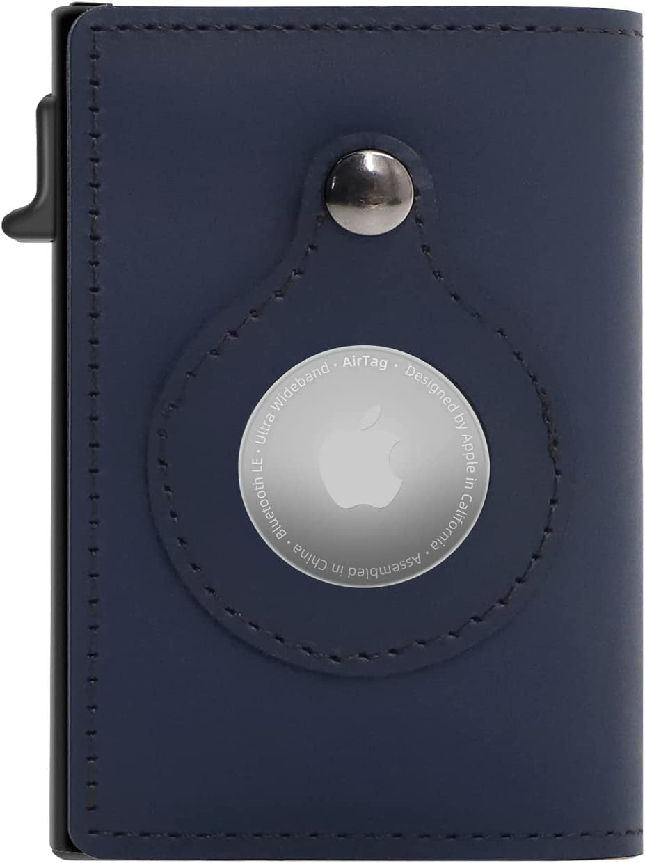 JAT Leather Airtag Men Wallet Genuine Crazy Horse Leather Automatic Pop up Wallet with Airtag Front Pocket (Carbon Fiber)  JAT Navy  