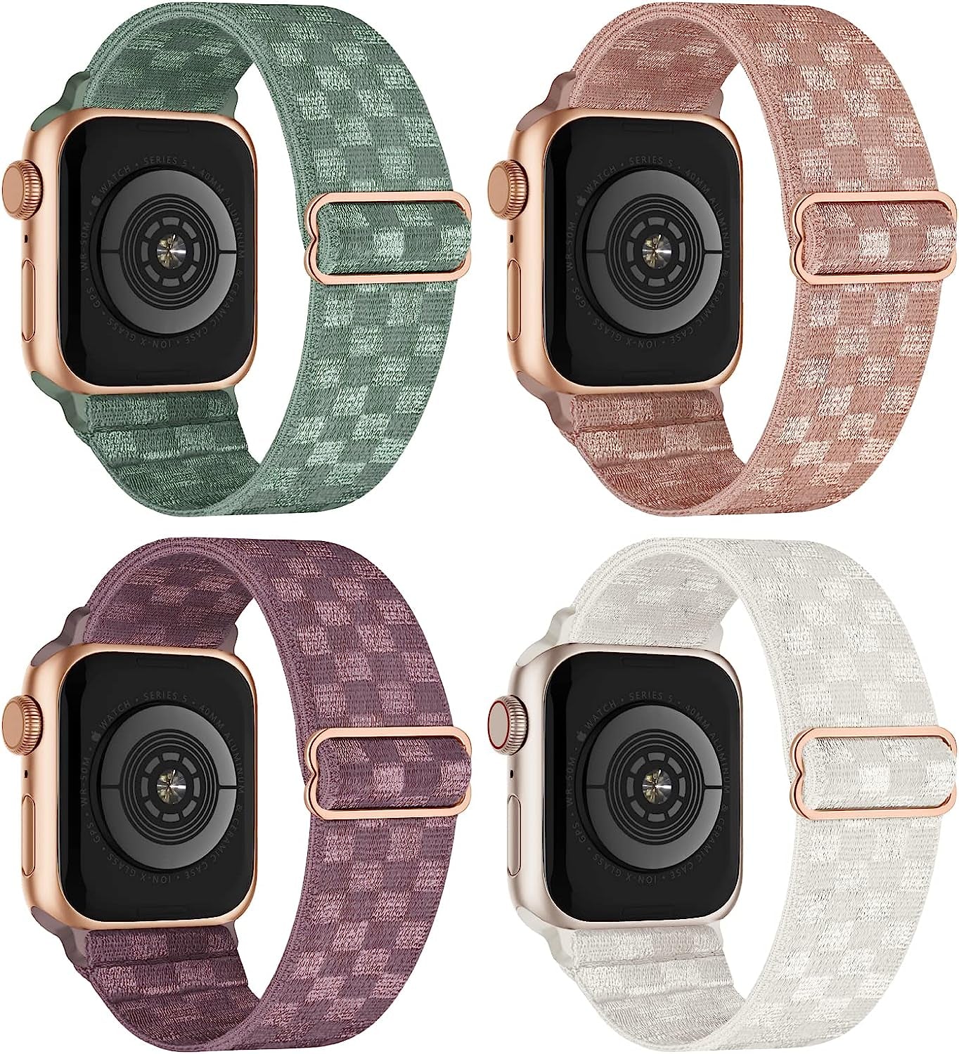 Stretchy Nylon Solo Loop Compatible with Apple Watch Band 38Mm 40Mm 41Mm 42Mm 44Mm 45Mm 49Mm Series 8/7/6/5/4/3/2/1/Se/Ultra  CCnutri Plaid-NudePink/Smoke Violet/Starlight/Cactus 42mm/44mm/45mm/49mm 