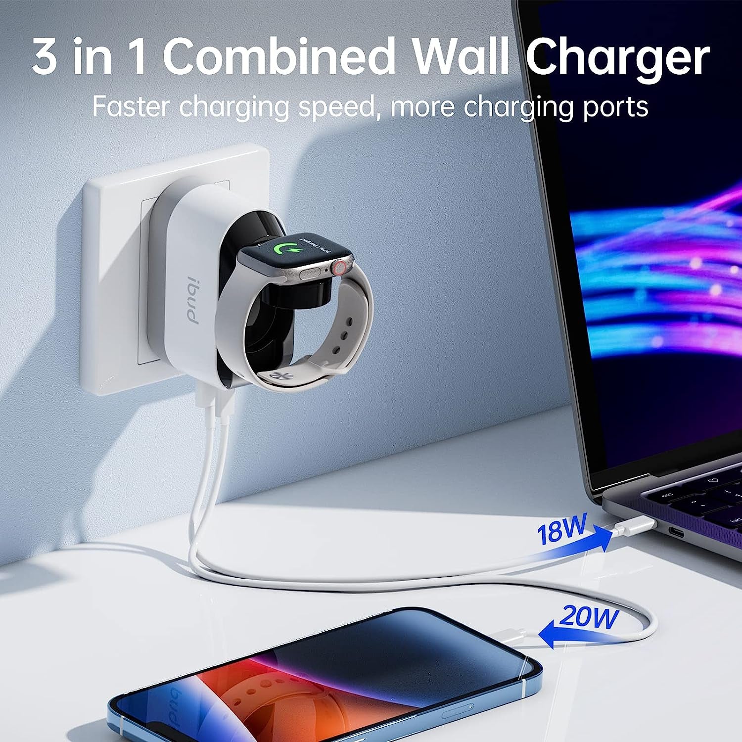 BUDI Iphone Fast Charger with Foldable Apple Watch Wireless Charging USB PD 38W Wall Charge Travel Charger for Apple Watch Block Wall Charger Iphone 13/12/Mini/12 Pro Max Phone Airpods, Apple Watch  BUDI   