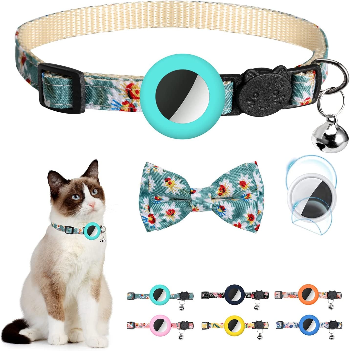 Airtag Cat Collar with Bell Adjustable Breakaway Kitten Collars:- Safety Buckle and Silicone Air Tag Holder Case Compatible with Apple Airtag Geometric Pattern Pet Collar (Pink)  OEBEESA cat collar-Green  