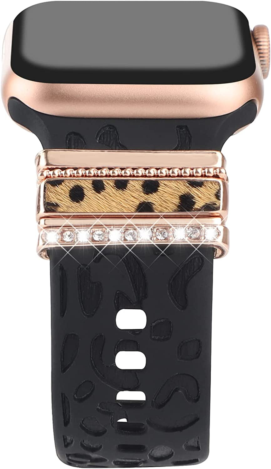 Decorative Rings Loops Compatible with Apple Watch Silicone Bands Charms 45Mm 44Mm 42Mm 41Mm 40Mm 38Mm Iwatch Series 8 7 6 5 4 3 2 1 Watchband Metal Diamond Charms Accessories (No Band)  FERJITGR Rose Gold Cheetah  