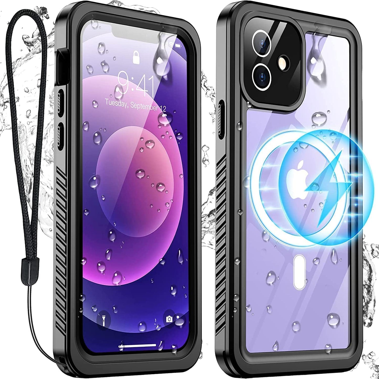 Temdan for Iphone 14 Case Waterproof,Built-In 9H Tempered Glass Screen Protector [IP68 Underwater][14Ft Military Dropproof][Dustproof][Real 360] Full Body Shockproof Protective Case-Blue-Clear  Temdan Black-Mag iPhone 12 