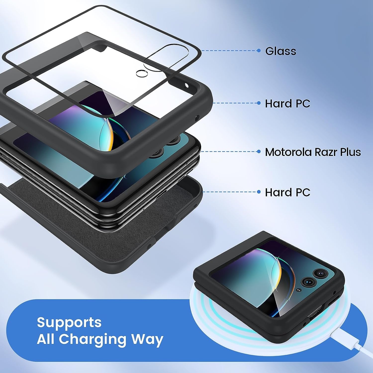 VEGO for Motorola Razr plus Case, Motorola Razr+ 2023 Full Body Cover with [Built-In Camera Screen Protector] Hard PC Bumper Protective Shockproof Scratch Resistant Slim Fit Case - Black  VEGO   