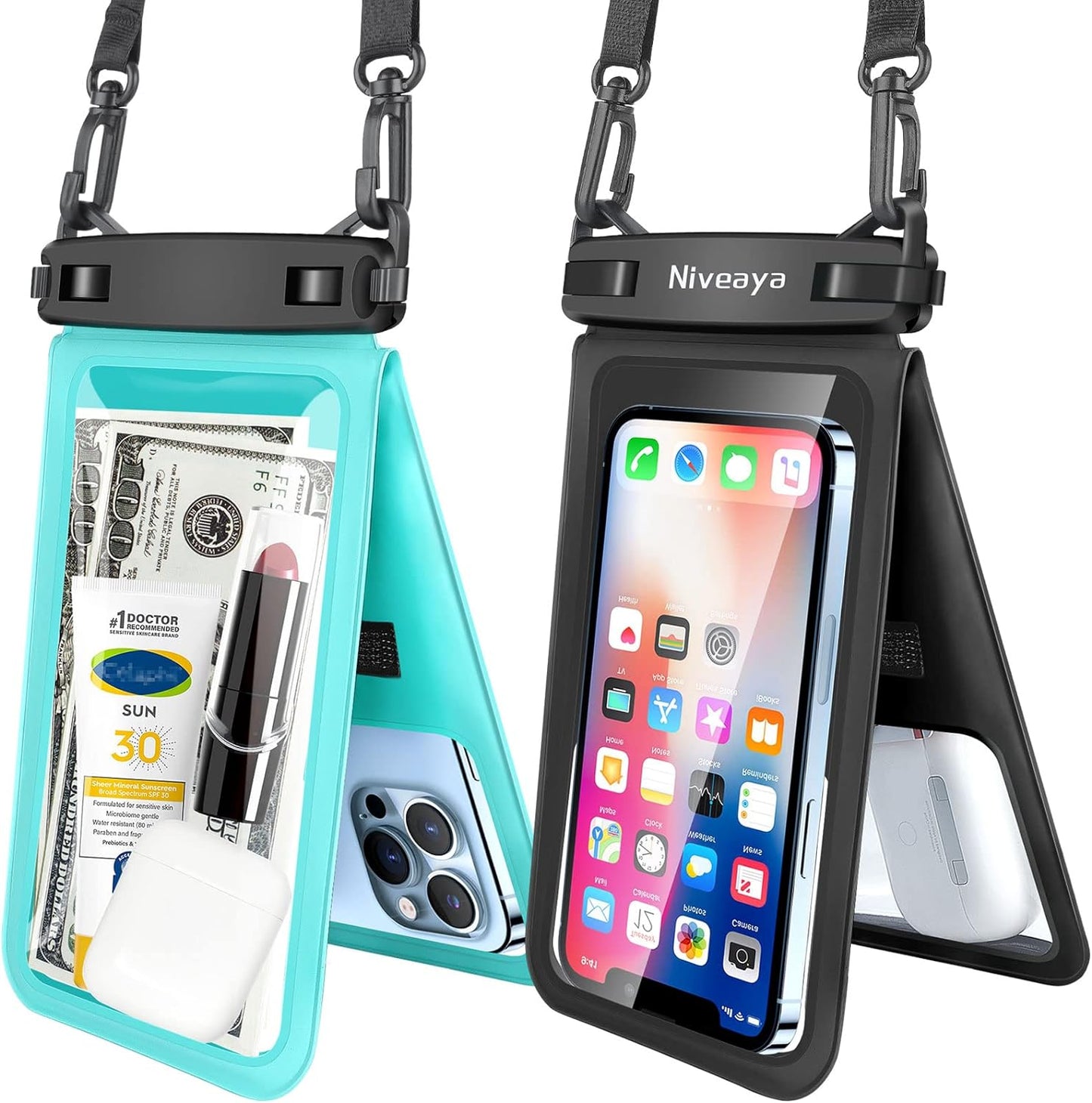 Niveaya Double Space Waterproof Phone Pouch - 2 Pack, Waterproof Phone Lanyard Case with Iphone 15/14/13/12/ Pro Max/Pro/8 Plus, Galaxy S22/S21/S20/S10/Note 20/10/9 up to 7", Dry Bag for Vacation.  Niveaya Black+ Teal Medium 7" 