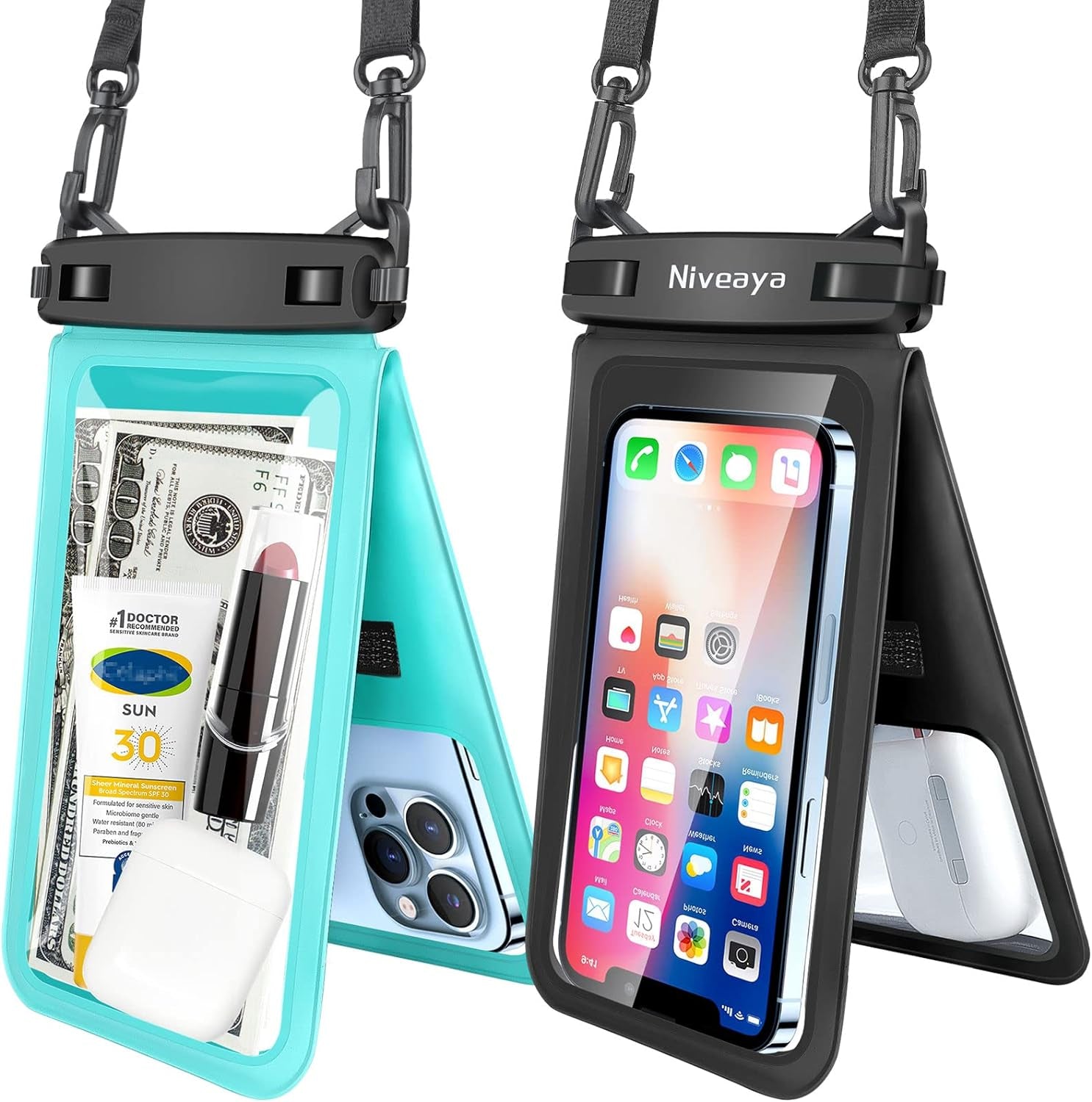 Niveaya Double Space Waterproof Phone Pouch - 2 Pack, Waterproof Phone Lanyard Case with Iphone 15/14/13/12/ Pro Max/Pro/8 Plus, Galaxy S22/S21/S20/S10/Note 20/10/9 up to 7", Dry Bag for Vacation.  Niveaya Black+ Teal Medium 7" 