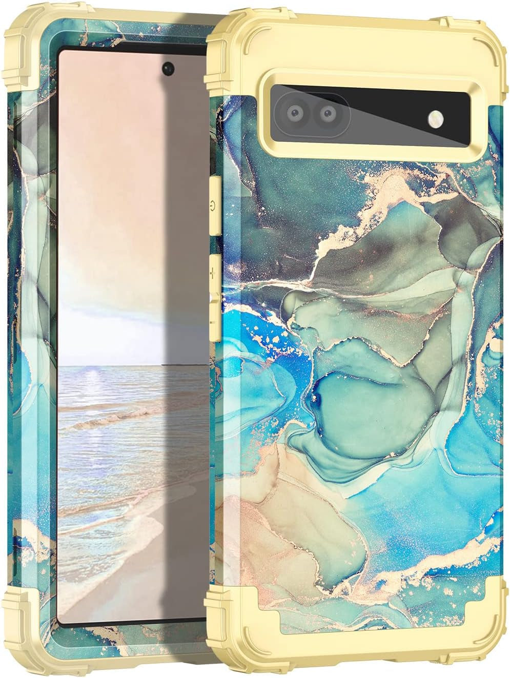 Hekodonk Google Pixel 6A Case (2022) - Heavy Duty Shockproof Hybrid Protection, Hard Plastic & Silicone Rubber, 3-In-1 Drop Protective - Blue Golden  Hekodonk   