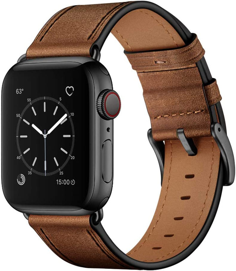 OUHENG Compatible with Apple Watch Band 49Mm 45Mm 44Mm 42Mm, Genuine Leather Band Replacement Strap Compatible with Apple Watch Ultra Series 8/7/6/5/4/3/2/1/SE/SE2, Black Band with Black Adapter  OUHENG Retro Camel Brown/Black 49mm/45mm/44mm/42mm 