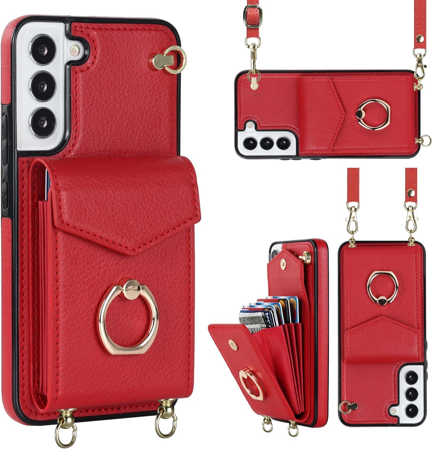 YYTVN for Samsung Galaxy S21 plus Case 5G 6.7 Inch, Minimalist Wallet Case with Ring Kickstand and Shoulder Strap, Shockproof Stylish Protective Cover for Galaxy S21 plus -Red  YYKeji Red Galaxy S21 Fe 
