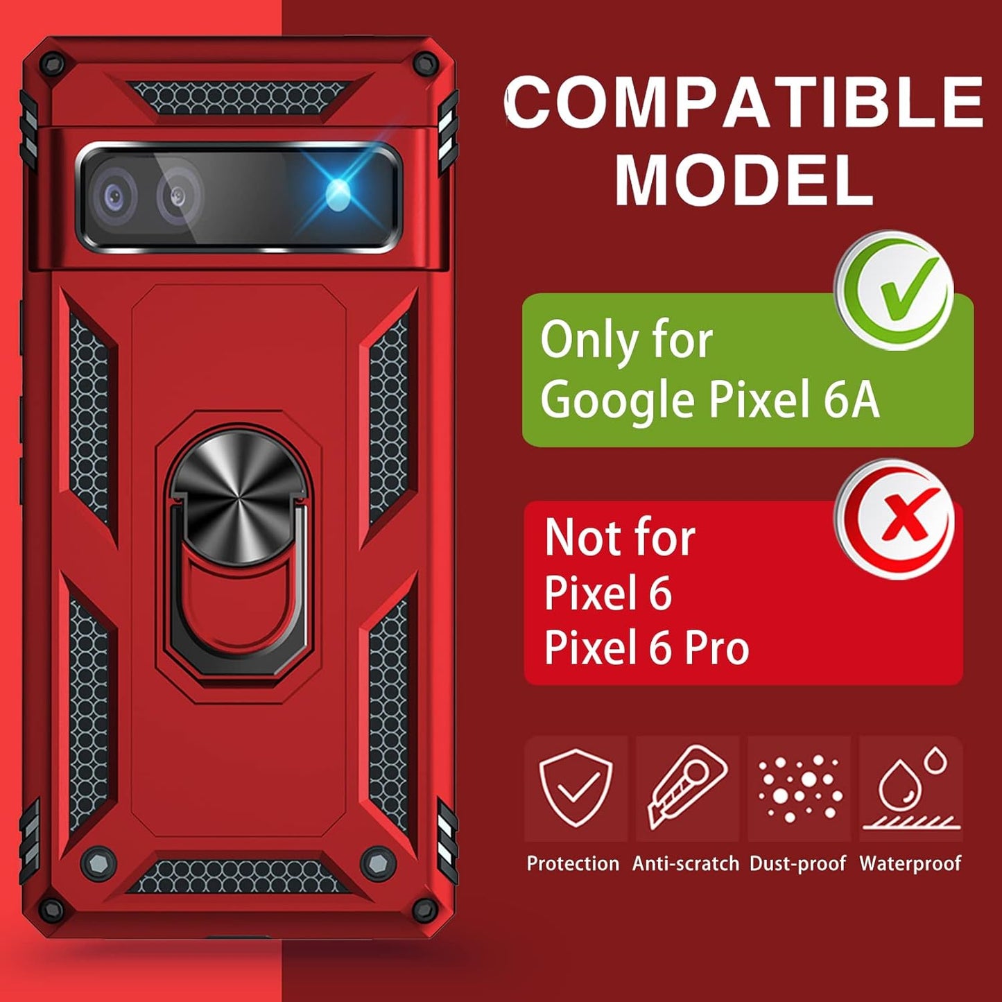 For Google Pixel 6A Case with Screen Protector, Military Grade Shockproof Heavy Duty Protective Phone Case Pass 16Ft Drop Test with Magnetic Kickstand Car Mount Holder for Google Pixel 6A 2022 Red  Vaki   