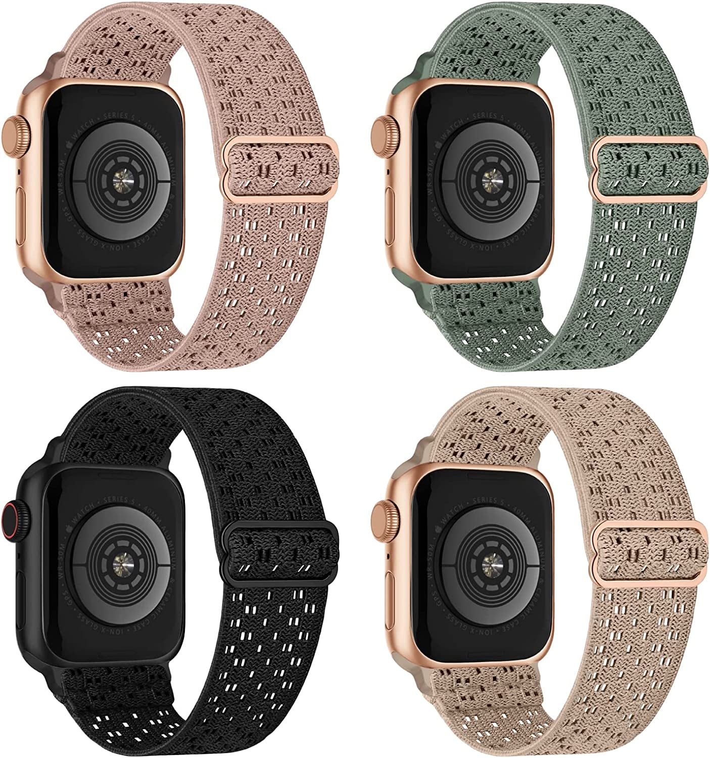 Stretchy Nylon Solo Loop Compatible with Apple Watch Band 38Mm 40Mm 41Mm 42Mm 44Mm 45Mm 49Mm Series 8/7/6/5/4/3/2/1/Se/Ultra  CCnutri Holes-Black/NudePink/Cactus/MilkTea 42mm/44mm/45mm/49mm 