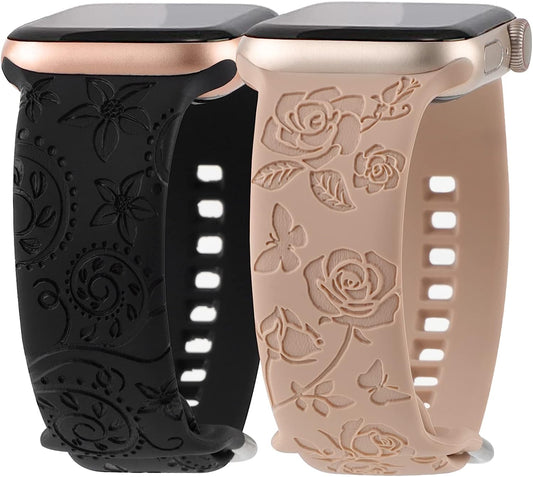 Flower Engraved Bands Compatible with Apple Watch Band 41Mm 40Mm 38Mm 44Mm 42Mm 45Mm 49Mm, Cute Women Floral Soft Silicone Sport Replacement Strap for Iwatch Series Ultra SE 8 7 6 5 4 3 2 1  TERKOWQI   