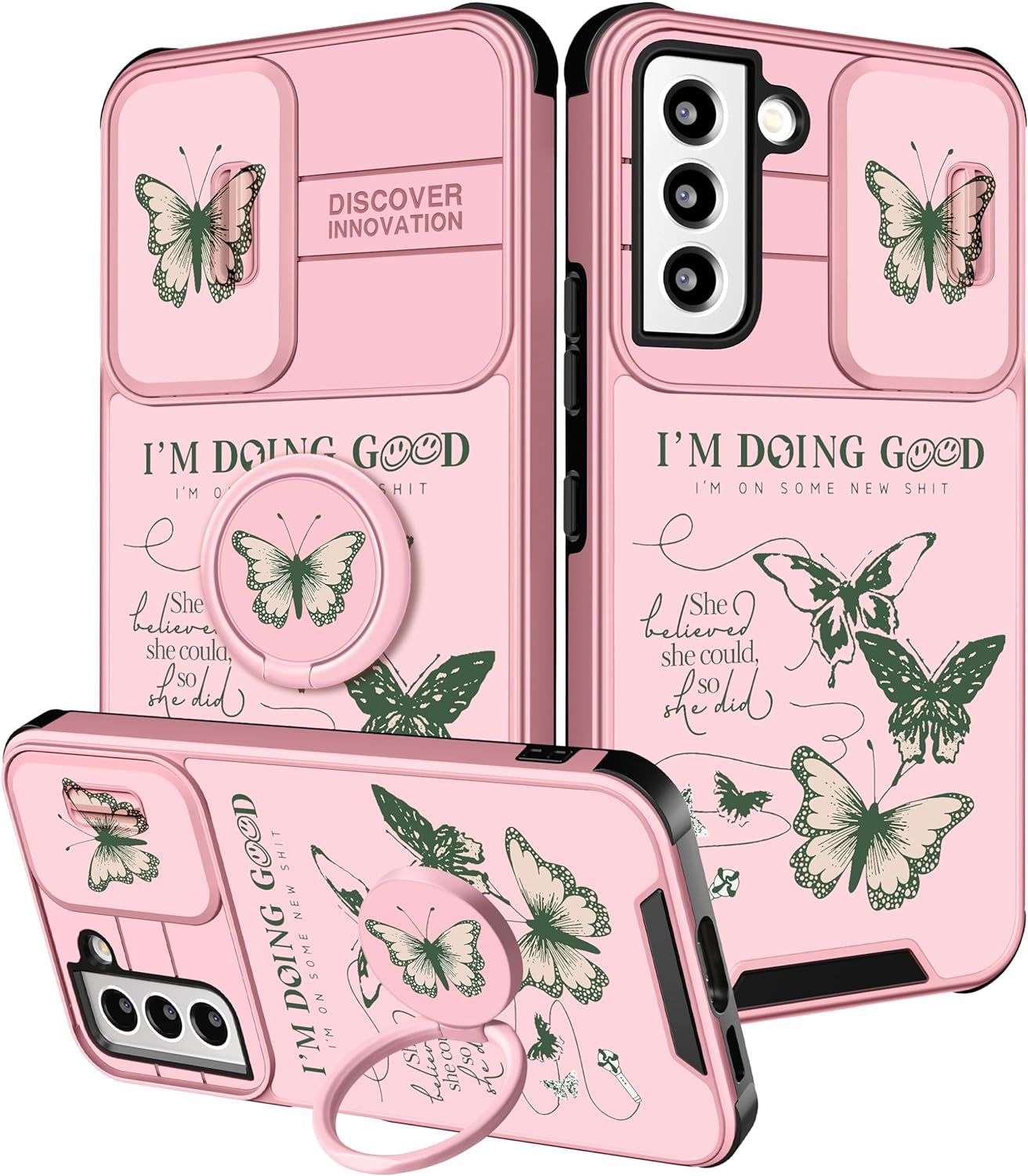 Funermei (2In1 for Samsung Galaxy S22 Case for Girls Women Cute Butterfly Cover Girly Aesthetic Black Pretty Fashion Design with Camera Cover and Ring Stand Funda for Galaxy S22 Phone Cases  Funermei 1-For Green Butterfly  