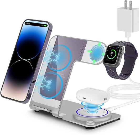 Wireless Charger, Aluminum Alloy 3 in 1 Wireless Charging Station for Apple Iphone/Iwatch/Airpods,Iphone 14,13,12,11 (Pro, Promax)/Xs/Xr/Xs/X/8(Plus),Iwatch8/7/6/Se/5/4/3/2,Airpods 3/2/Pro  XYZ   