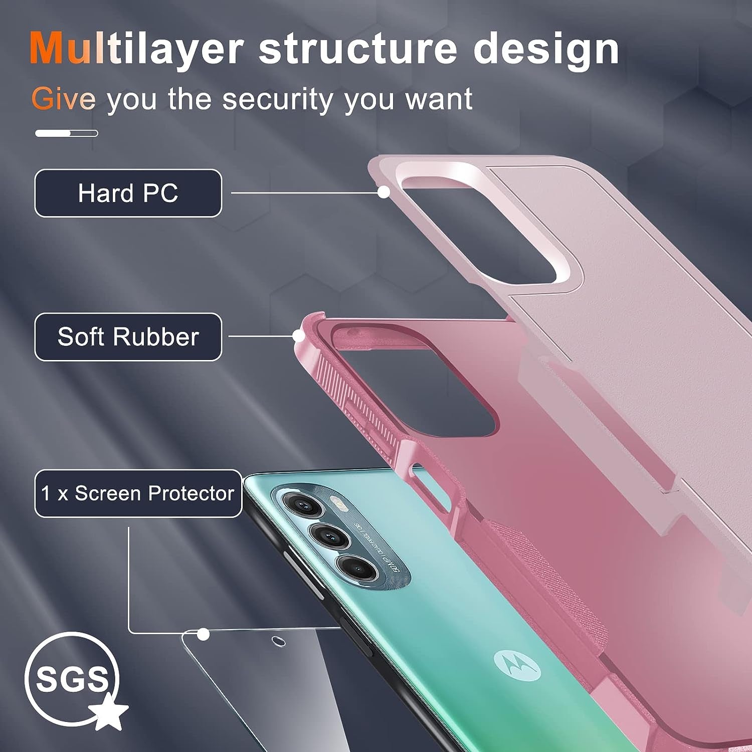 Motorola Moto G Stylus 5G 2022 Case with Tempered Glass Screen Protector,Heavy Duty Rugged Shockproof Full Body Protective Phone Cover,Cute Pink  RMOCR   