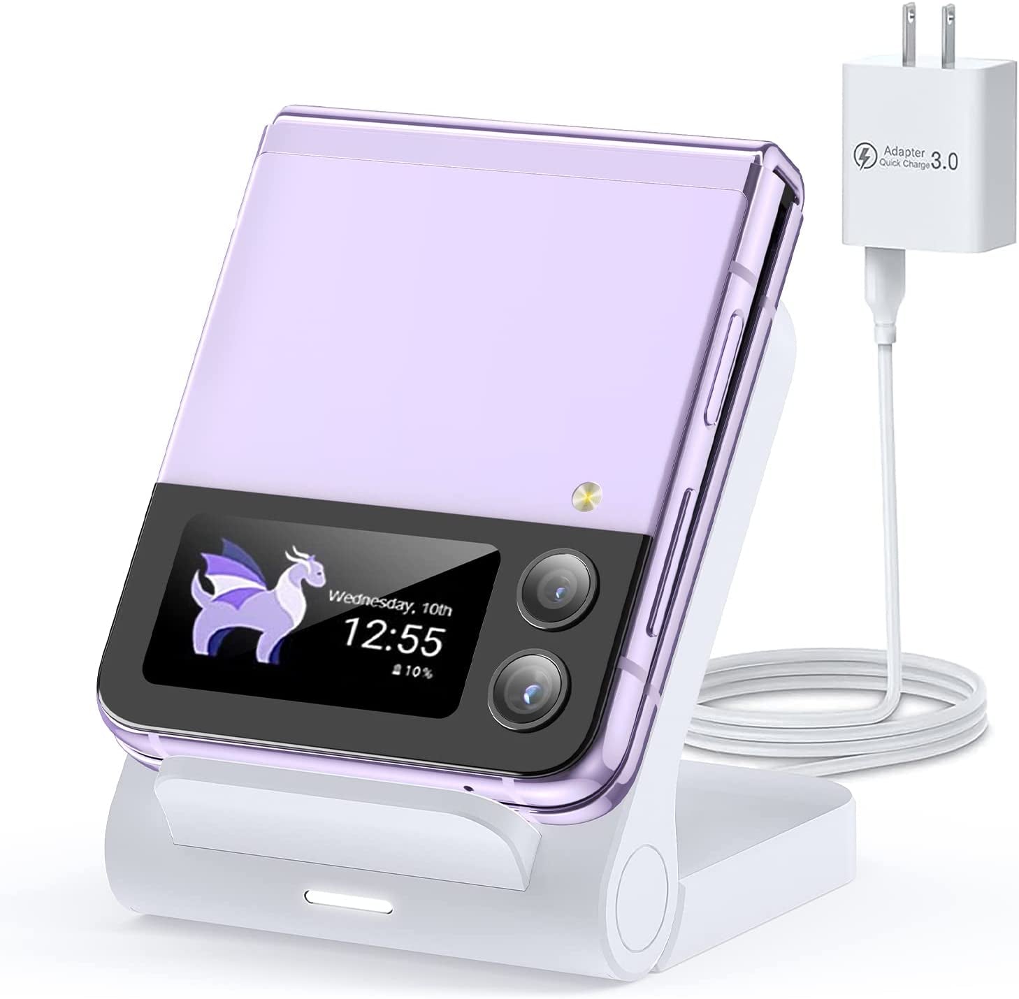 For Samsung Galaxy Z-Flip Wireless Charger: Galaxy Z Flip 4/3/5G Fast Charging Stand, 15W Fast Wireless Charger for Galaxy Z Flip4/Z Flip3/Z Flip 5G, Easy to Carry & Use (QC3.0 Adapter Included)Black  Geyo White  