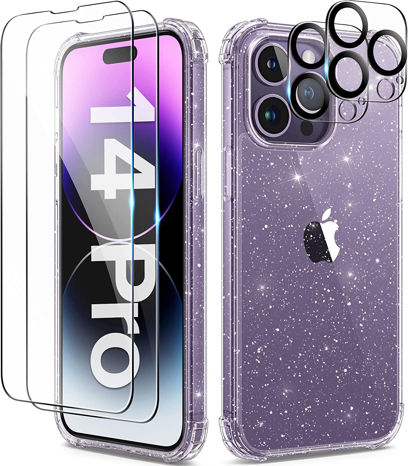 BERFY for Iphone 14 Pro Case Clear, with 2X Screen Protector + 2X Camera Lens Protector, [Non-Yellowing] [Military Grade Protection] Shockproof Phone Case 6.1 Inch, Gradient  BERFY Shiny Clear Iphone 14 Pro 6.1" 