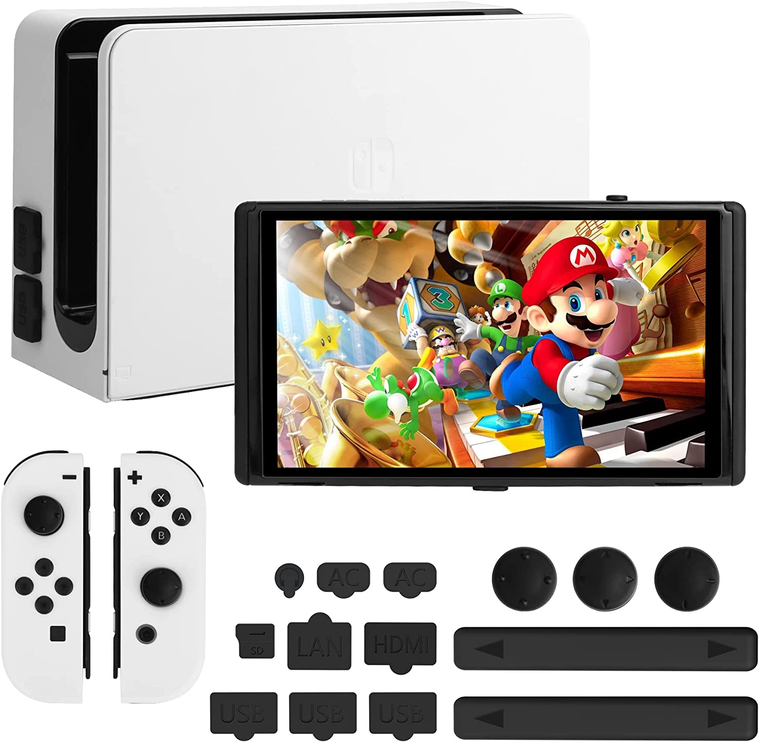 14 Pack - RHOTALL Dust Proof Plugs Kit for Nintendo Switch OLED Accessories, 11 Soft Silicone Dust Plug Cover for Switch OLED Console and Dock, 3 Thumb Grip Caps for Switch OLED Joy Con  RHOTALL   