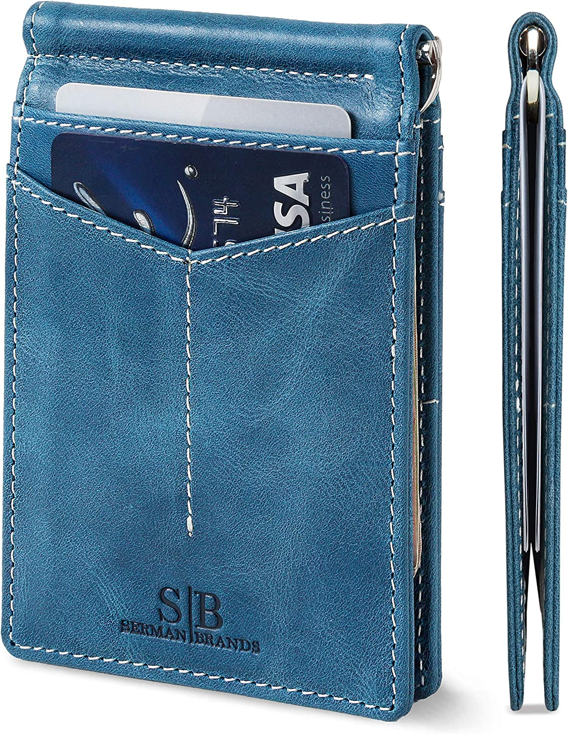 SERMAN BRANDS RFID Blocking Wallet Slim Bifold - Genuine Leather Minimalist Front Pocket Wallets for Men with Money Clip Gift  SERMAN BRANDS Arctic Blue Rogue  