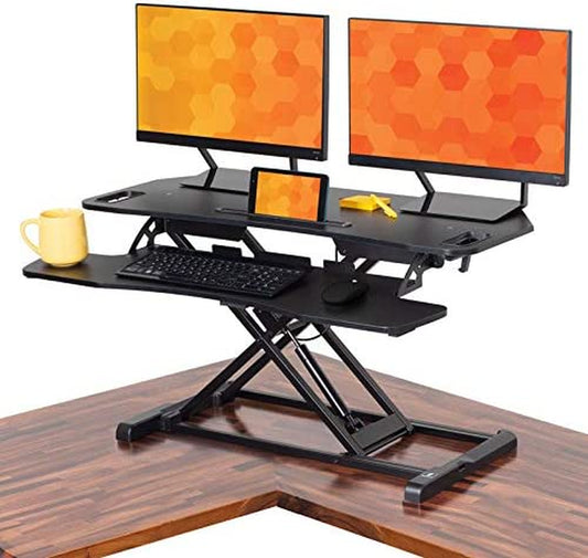 Flexpro Hero Corner Standing Desk Converter 37 Inch | Great for Cubicles & L-Shaped Desks | 2 Level Sit to Stand Workspace with Keyboard Shelf & Monitor Riser | Easily Sit or Stand (Black / 37 )  Stand Steady   