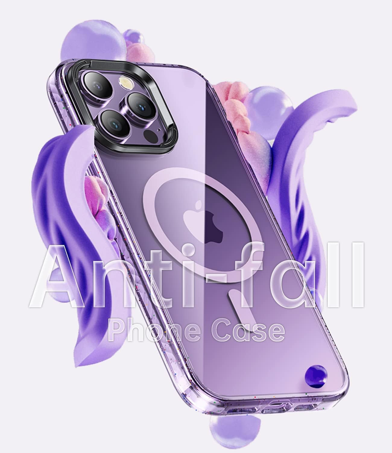 JUESHITUO for Iphone 14 Pro Max Case Magsafe with Glitter Shockproof Buffer Belt [Never Yellow] [10X Military Protection] [Screen Protector & Higher Camera Cover] Magnetic Clear Purple Back 6.7 Inch  JUESHITUO   