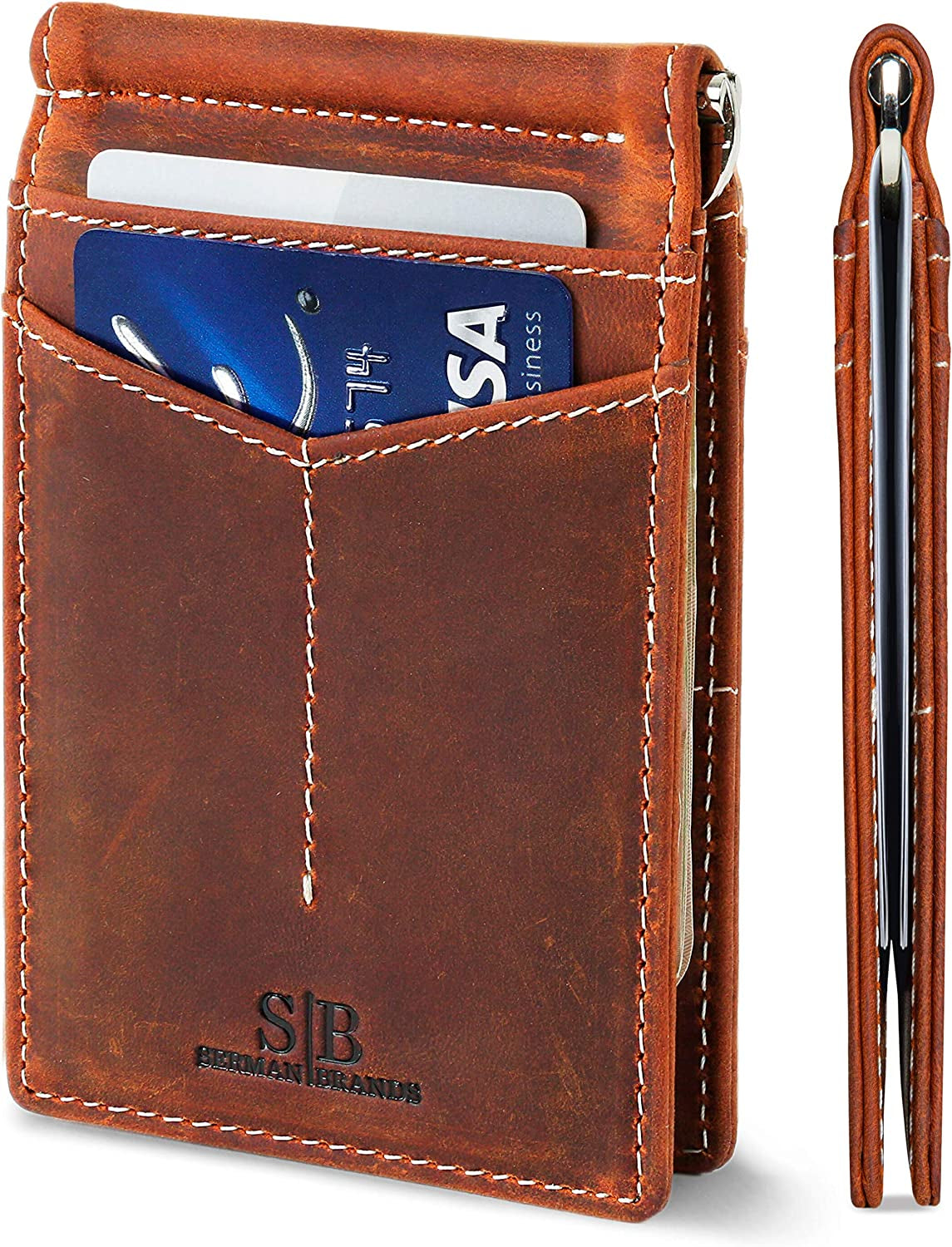 SERMAN BRANDS RFID Blocking Wallet Slim Bifold - Genuine Leather Minimalist Front Pocket Wallets for Men with Money Clip Gift  SERMAN BRANDS Canyon Red Rogue  