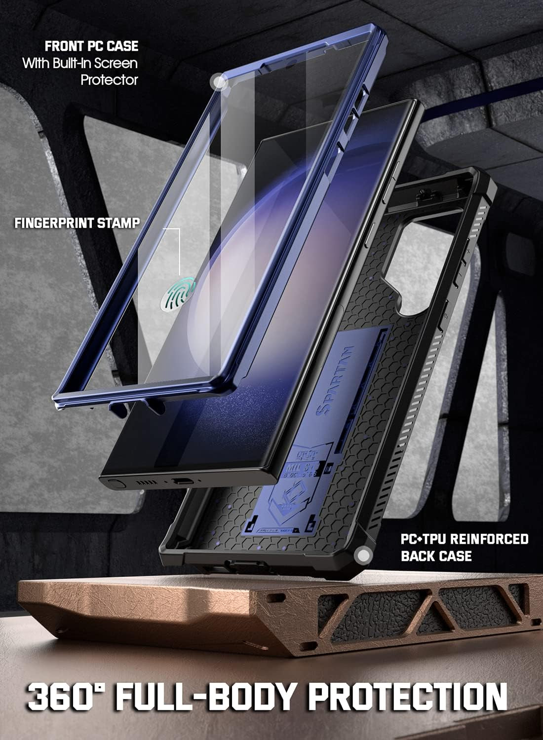 Poetic Spartan Case for Samsung Galaxy S23 Ultra 5G 6.8 Inch, Built-In Screen Protector Work with Fingerprint ID, Full Body Rugged Shockproof Protective Cover Case with Kickstand, Midnight Blue  Poetic   