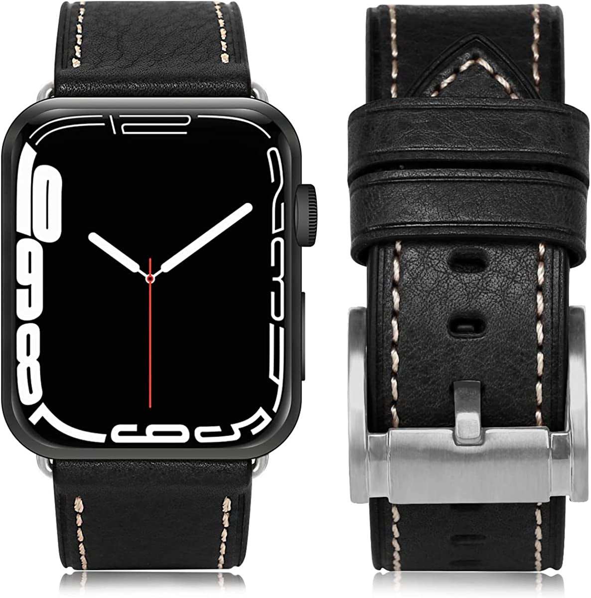 HUAFIY Compatible for Apple Watch Bands 42Mm 44Mm45Mm 49Mm 38Mm 40Mm41Mm, Genuine Leather Band Strap for Iwatch Series 8,7,6,5,4,3,2,1, Ultra Sport SE  huahuei Vegetable Tanned Leather Black Silver Buckle 42mm 44mm45mm49mm 