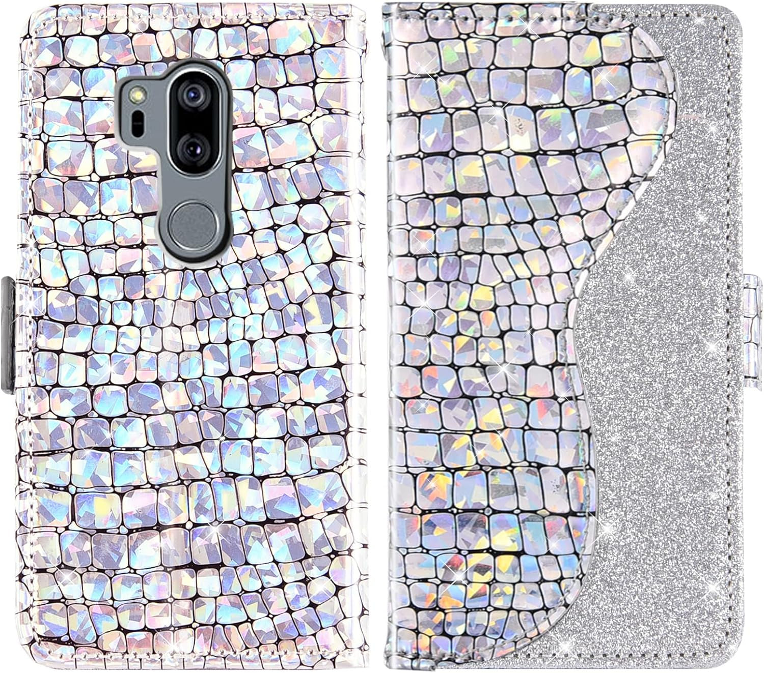 Asuwish Phone Case for LG G7 Thinq Wallet Cover with Screen Protector and Flip Card Holder Bling Glitter Cell LGG7 One G 7 plus LG7 Fit Lg7Thinq 7G Thin Q G7+ G7Thinq Lgg7Thinq Women Girls Silver  Asuwish   