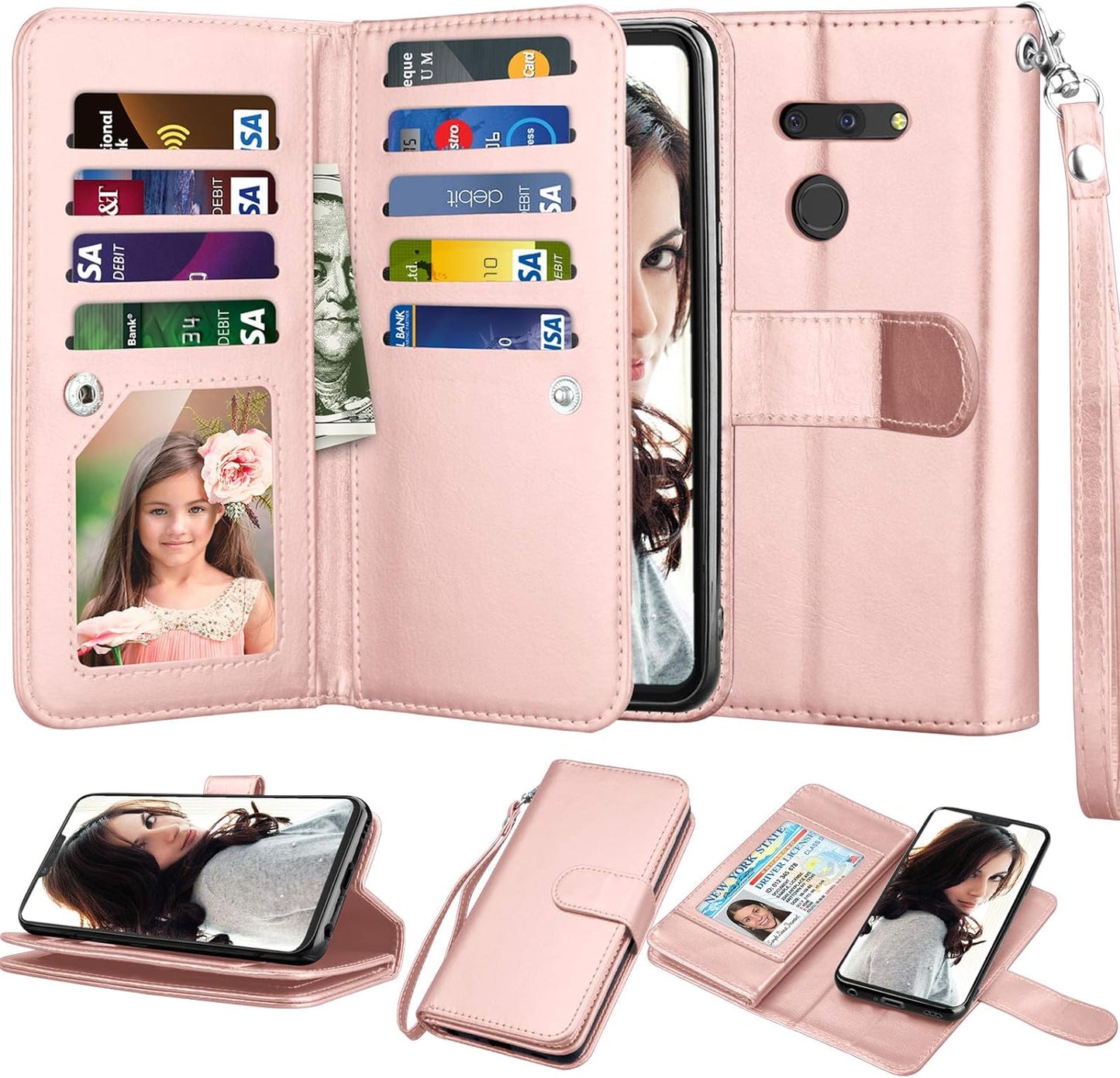 NJJEX Compatible with LG G8 Thinq Case/Lg G8/ LG G8 Thinq Wallet Case, [9 Card Slots] PU Leather ID Credit Holder Folio Flip Cover [Detachable][Kickstand] Magnetic Phone Case & Wrist Strap [Black]  NJJEX Rose Gold  