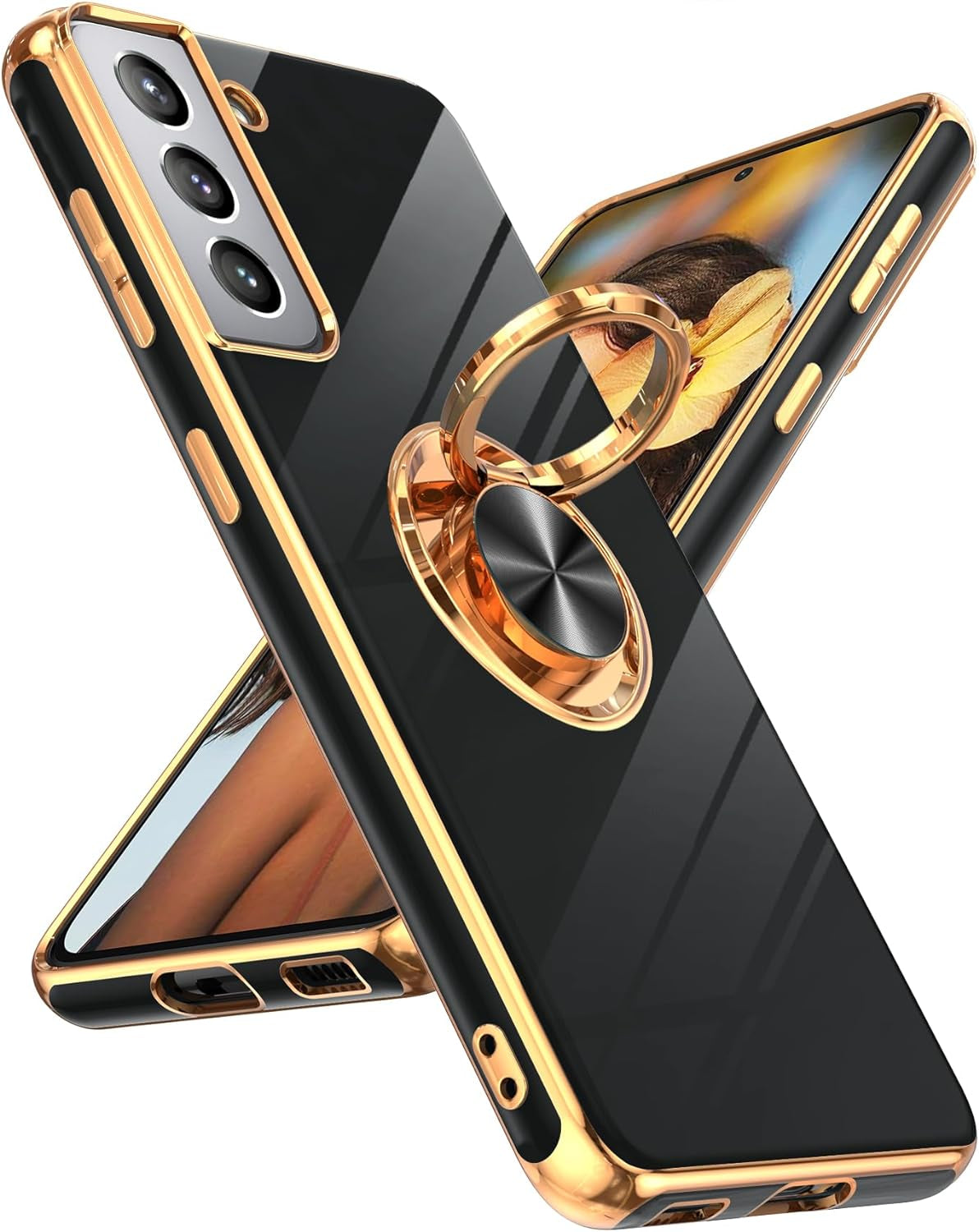 Leyi for Samsung Galaxy S21 plus Case 360° Rotatable Ring Holder Magnetic Kickstand, Plating Rose Gold Edge Protective Case, Grey  LeYi Black Samsung Galaxy S21 Plus 