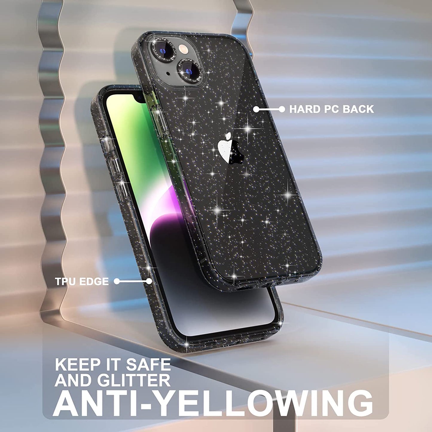 Choiche Compatible for Iphone 14 Case Cute, Women Clear Glitter Bling Sparkly Case, [2 X Diamond Camera Lens Protectors] [2 X Tempered Glass Screen Protectors] 6.1-Inch (Glitter Black)  Choiche   