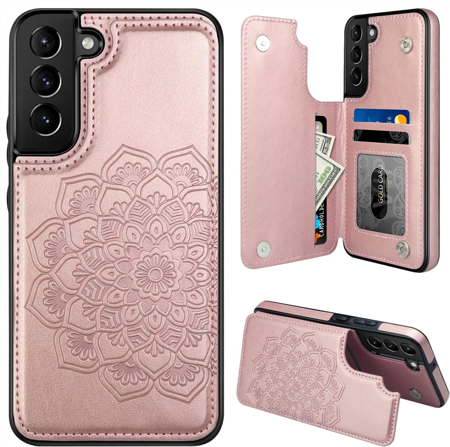 MMHUO for Samsung Galaxy S22 Case with Card Holder,Flower Magnetic Back Flip Case for Samsung Galaxy S22 Wallet Case for Women,Protective Case Phone Case for Samsung Galaxy S22 5G (2022),Mint  MMHUO Rose Gold Galaxy S22 6.1"-(S) 