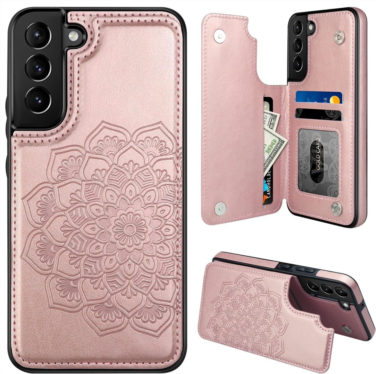 MMHUO for Samsung Galaxy S22 Case with Card Holder,Flower Magnetic Back Flip Case for Samsung Galaxy S22 Wallet Case for Women,Protective Case Phone Case for Samsung Galaxy S22 5G (2022),Mint  MMHUO Rose Gold Galaxy S22 6.1"-(S) 