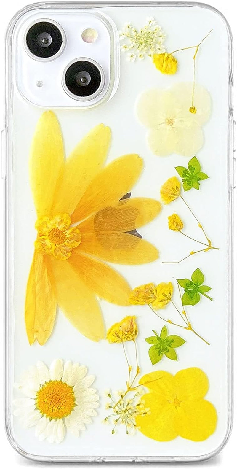 Abbery Designed for Iphone 13 Pressed Flower Case, Cute Clear with Design Bling Glitter Sparkle Soft TPU Transparent Dried Real Flower Floral Aesthetic Case for Women Girls (3 Pink Flower)  Abbery Yellow Flower  