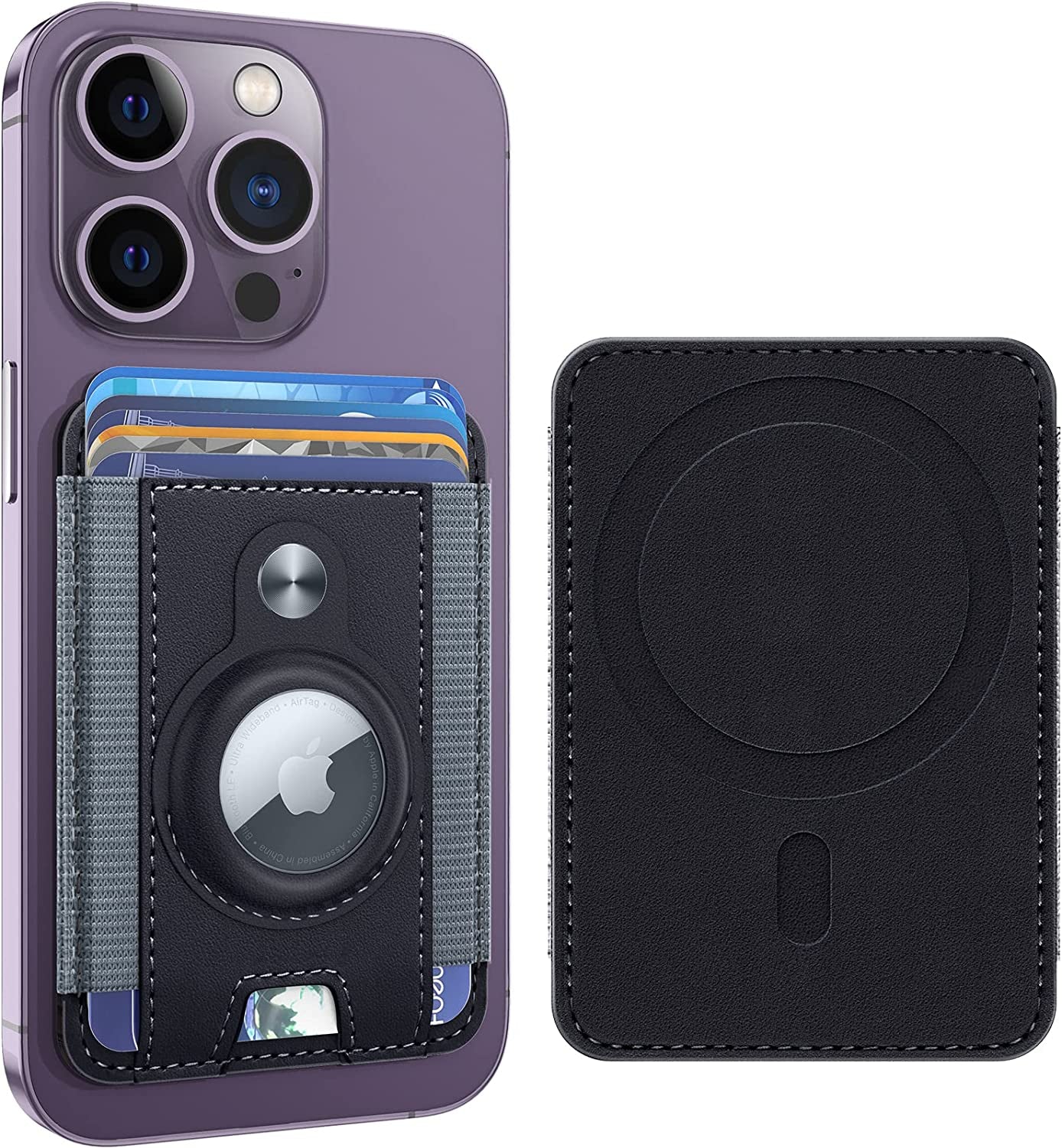 Magnetic Wallet Card Holder with Airtag Holder, Mag Safe Card Holder Airtag Wallet for Iphone 14 Pro Max/14Pro/14/13/12, Airtag Mag-Safe Wallet Leather for Back of Iphone 14/13/12 Series, Midnight  RUWGT   